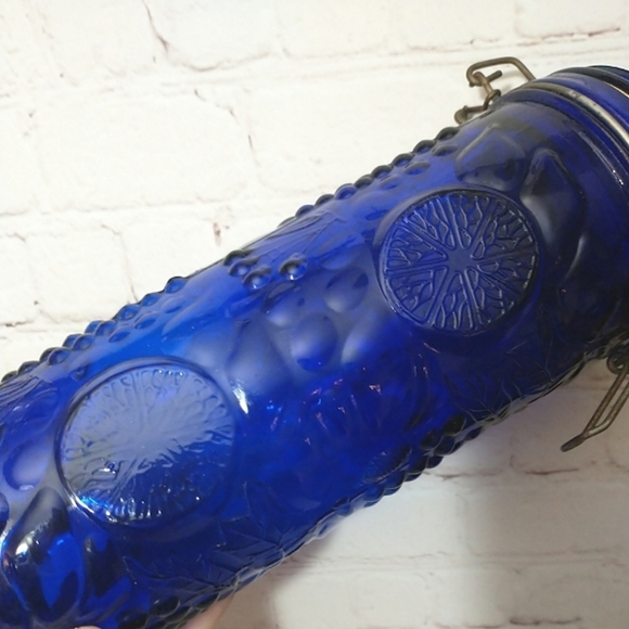Vintage Cobalt Blue Glass Fruit Embossed Canister with Metal Hinged Lid 10" - Picture 3 of 10